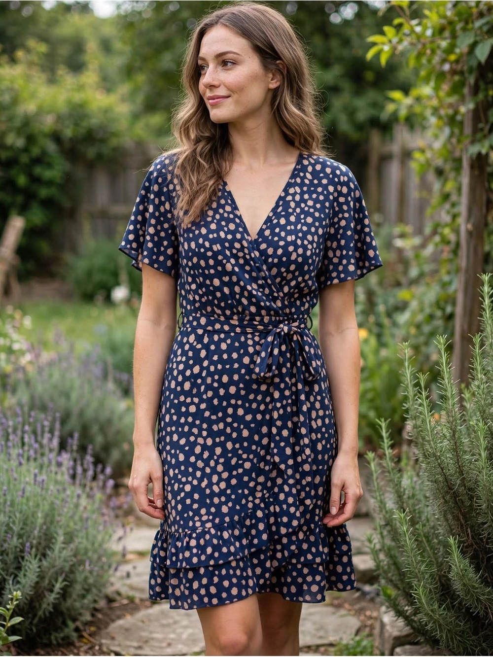 SHEIN Navy Wrap Dress with Blush Spot Print
